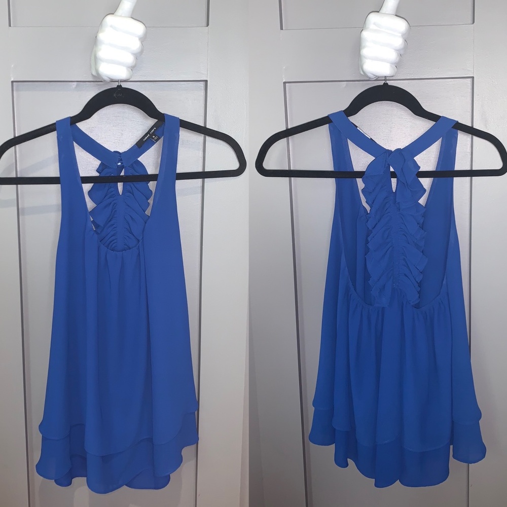 Naked Zebra Blue Ruffle Back Tank Shirt Blouse